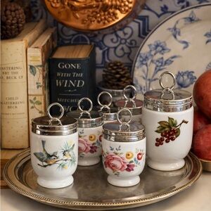 Royal Worcester Set Of 6 Porcelain Coddled Egg Cups Floral Bird Currant Rose